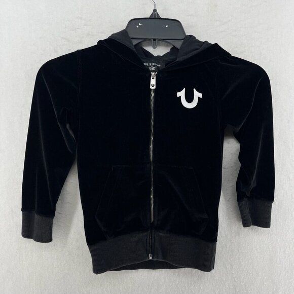 True Religion Hoodie Girl XS 4-5 Black Velour Zip Up Logo World Tour Graphic - Picture 1 of 10